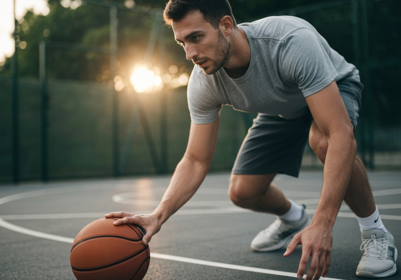 Player performing pound dribble ball handling drill in low stance