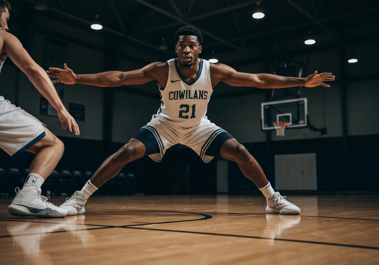 Basketball player in defensive slide stance performing closeout drill